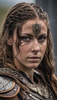 1girl,solo,long hair,looking at viewer,brown hair,brown eyes,closed mouth,armor,mole,blurry,lips,mole under eye,blurry background,wavy hair,shoulder armor,portrait,freckles,curly hair,pauldrons,realistic,nose,braid,eyelashes,close-up,serious