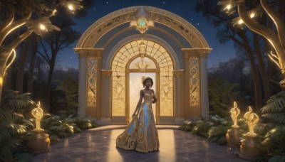 1girl,solo,long hair,breasts,looking at viewer,short hair,brown hair,black hair,hair ornament,dress,bare shoulders,jewelry,standing,outdoors,sky,indoors,hair bun,tree,night,glowing,plant,gem,star (sky),nature,night sky,scenery,starry sky,fantasy,long dress,tile floor,wide shot,pillar,arch,bangs,skirt,holding,medium breasts,closed mouth,earrings,barefoot,midriff,hand up,dark skin,water,dark-skinned female,blue skirt,crop top,bare arms,single hair bun,reflection,arm at side,long skirt,tiles,lamp,bush,egyptian