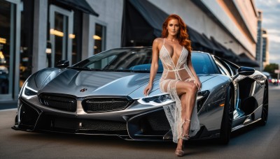 1girl,solo,long hair,breasts,looking at viewer,large breasts,brown hair,dress,navel,cleavage,brown eyes,jewelry,sitting,underwear,outdoors,orange hair,blurry,high heels,dark-skinned female,lips,see-through,no bra,blurry background,wavy hair,crossed legs,ground vehicle,revealing clothes,breasts apart,motor vehicle,realistic,car,vehicle focus,plunging neckline,sports car,bare shoulders,day,white dress,looking to the side,no panties,sandals,building,toenails,city,center opening,toenail polish,evening gown,on vehicle