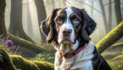 HQ,solo,yellow eyes,flower,outdoors,day,signature,blurry,collar,tree,no humans,depth of field,animal,sunlight,looking up,plant,nature,forest,dog,light rays,realistic,animal focus,animal collar,looking at viewer