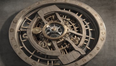 grey background,no humans,shadow,from above,clock,gears,still life,roman numeral,steampunk,1girl,solo,monochrome,knife,watch,pocket watch