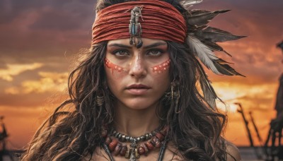 1girl,solo,long hair,looking at viewer,brown hair,black hair,hair ornament,brown eyes,jewelry,closed mouth,earrings,outdoors,sky,cloud,dark skin,necklace,blurry,dark-skinned female,lips,tattoo,depth of field,blurry background,headband,facial mark,cloudy sky,feathers,portrait,freckles,beads,sunset,realistic,nose,headdress,feather hair ornament,facepaint,tribal,native american