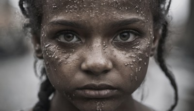 1girl,solo,long hair,looking at viewer,black hair,brown eyes,closed mouth,monochrome,braid,greyscale,dark skin,blurry,twin braids,dark-skinned female,lips,wet,depth of field,blurry background,portrait,close-up,freckles,realistic,wet hair,straight-on,1boy,serious,dirty