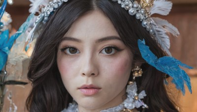 1girl,solo,long hair,looking at viewer,brown hair,black hair,hair ornament,brown eyes,jewelry,closed mouth,earrings,necklace,blurry,lips,parted bangs,eyelashes,depth of field,blurry background,bird,feathers,gem,portrait,close-up,realistic,nose,feather hair ornament,bangs,water