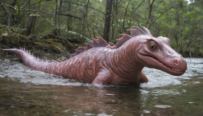 solo,open mouth,tail,yellow eyes,outdoors,teeth,day,water,tree,wet,no humans,sharp teeth,nature,forest,partially submerged,monster,realistic,dinosaur,looking at viewer,red eyes,animal