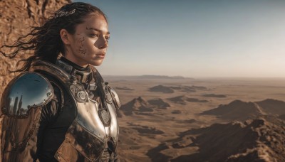 1girl,solo,long hair,brown hair,black hair,brown eyes,upper body,outdoors,sky,day,dark skin,armor,dark-skinned female,lips,tattoo,facial mark,shoulder armor,pauldrons,breastplate,mountain,realistic,nose,facial tattoo,desert,dreadlocks,ocean,wind,science fiction,sand,facepaint,cyborg,dirty,power armor