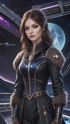 1girl,solo,long hair,breasts,looking at viewer,brown hair,gloves,long sleeves,dress,brown eyes,jewelry,standing,cowboy shot,earrings,star (symbol),armor,lips,coat,fur trim,makeup,moon,lipstick,star (sky),brown gloves,science fiction,black coat,realistic,nose,arms at sides,space,leather,planet,earth (planet),spacecraft,medium breasts,parted lips,starry sky,freckles