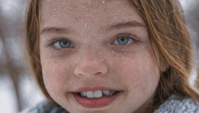 1girl,solo,looking at viewer,smile,short hair,open mouth,blue eyes,blonde hair,brown hair,teeth,blurry,lips,eyelashes,blurry background,portrait,snow,close-up,freckles,snowing,realistic,nose,winter,grin,grey eyes