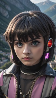 1girl,solo,looking at viewer,short hair,bangs,blue eyes,brown hair,shirt,black hair,jewelry,closed mouth,green eyes,jacket,upper body,outdoors,choker,day,artist name,necklace,blurry,lips,eyelashes,blurry background,headphones,portrait,zipper,freckles,mountain,realistic,nose,earrings,sky,open jacket,blue sky,black shirt,makeup,depth of field,turtleneck,bob cut,thick eyebrows,mascara