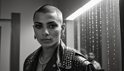 solo,looking at viewer,short hair,1boy,jewelry,closed mouth,jacket,monochrome,upper body,greyscale,male focus,earrings,indoors,dark skin,necklace,blurry,lips,piercing,dark-skinned male,cross,ear piercing,rain,hoop earrings,realistic,nose,bald,very short hair,leather,undercut,leather jacket,buzz cut,1girl,shirt,multiple boys,open clothes,solo focus,open jacket,blurry background,portrait,freckles,door,eyebrow cut