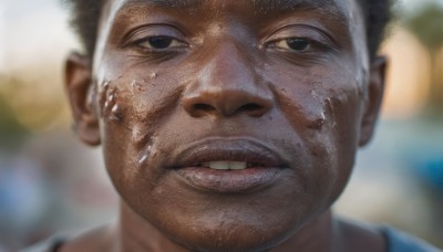 solo,looking at viewer,short hair,black hair,1boy,male focus,sweat,parted lips,teeth,blurry,black eyes,lips,depth of field,blurry background,facial hair,portrait,close-up,realistic,dirty,clenched teeth,nose