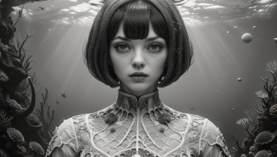 1girl,solo,looking at viewer,short hair,bangs,closed mouth,monochrome,upper body,greyscale,parted lips,blunt bangs,water,lips,eyelashes,sunlight,bob cut,portrait,fish,bubble,light rays,underwater,realistic,nose,air bubble,coral,jewelry,jellyfish