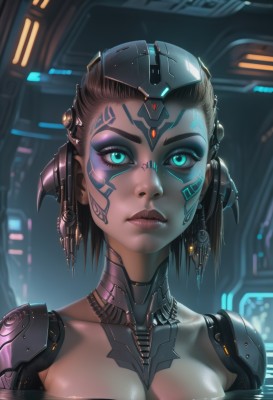 1girl,solo,breasts,looking at viewer,short hair,blue eyes,brown hair,black hair,cleavage,medium breasts,closed mouth,green eyes,collarbone,upper body,artist name,aqua eyes,dark-skinned female,lips,makeup,glowing,headgear,facial mark,portrait,eyeshadow,science fiction,nose,android,cable,cyborg,robot joints,cyberpunk,mechanical parts,hologram,nude,water,eyelashes,tattoo,colored skin,lipstick,glowing eyes,close-up,forehead,partially submerged,realistic,eyeliner,facepaint,facial tattoo,hair pulled back,mascara