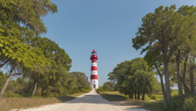 outdoors,sky,day,cloud,tree,blue sky,no humans,shadow,grass,plant,nature,scenery,forest,road,bush,path,building,lamppost,traffic cone