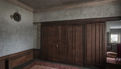 day,indoors,no humans,window,chair,table,scenery,wooden floor,door,clock,carpet,rug,cabinet,book,bed,couch,lamp,painting (object),still life,wooden chair