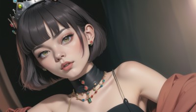 1girl,solo,looking at viewer,short hair,bangs,black hair,bare shoulders,brown eyes,jewelry,collarbone,yellow eyes,upper body,earrings,parted lips,teeth,choker,blunt bangs,armpits,necklace,off shoulder,lips,eyelashes,makeup,bob cut,tiara,crown,gem,portrait,red lips,black camisole,black background,realistic