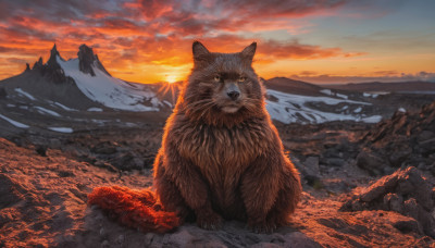 looking at viewer, outdoors, sky, cloud, no humans, animal, cat, scenery, sunset, mountain, animal focus