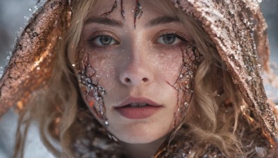 1girl,solo,long hair,looking at viewer,open mouth,blonde hair,brown hair,brown eyes,parted lips,teeth,water,blurry,lips,grey eyes,eyelashes,depth of field,blurry background,portrait,close-up,realistic,scales,blood,water drop,blood on face