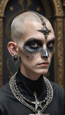 solo,looking at viewer,shirt,1boy,jewelry,closed mouth,upper body,grey hair,male focus,earrings,necklace,star (symbol),blurry,black eyes,lips,grey eyes,black shirt,mask,turtleneck,chain,cross,portrait,realistic,nose,bald,very short hair,1girl,eyelashes,gem