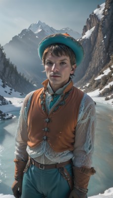 solo,looking at viewer,short hair,brown hair,shirt,black hair,gloves,long sleeves,1boy,hat,brown eyes,jewelry,closed mouth,standing,white shirt,male focus,cowboy shot,outdoors,sky,day,belt,pants,black eyes,vest,tree,lips,snow,buckle,brown gloves,freckles,mountain,realistic,blue pants,brown belt,winter,lake,leather gloves,blue eyes,parted lips,facial hair,watermark,nature,mountainous horizon