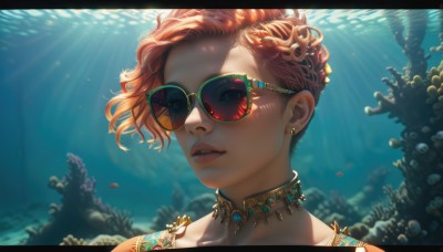 1girl,solo,looking at viewer,short hair,brown hair,hair ornament,jewelry,green eyes,braid,red hair,earrings,parted lips,glasses,teeth,choker,artist name,necklace,orange hair,blurry,lips,sunlight,sunglasses,gem,portrait,light rays,underwater,nose,tinted eyewear,coral,blue eyes,ocean,letterboxed,backlighting,realistic,yellow-framed eyewear