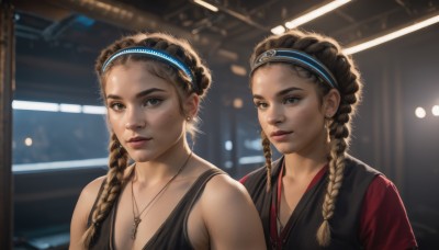 long hair,looking at viewer,smile,blue eyes,multiple girls,blonde hair,brown hair,2girls,bare shoulders,brown eyes,jewelry,collarbone,upper body,braid,hairband,earrings,parted lips,indoors,necklace,mole,blurry,vest,twin braids,lips,grey eyes,mole under eye,blurry background,headband,siblings,sisters,freckles,twins,realistic,nose,multiple braids,breasts,dress,cleavage,dark skin,black dress,dark-skinned female,thick eyebrows,backlighting,side-by-side