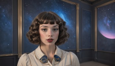 1girl,solo,looking at viewer,short hair,bangs,brown hair,shirt,hair ornament,brown eyes,jewelry,white shirt,upper body,parted lips,sky,hairclip,collared shirt,indoors,necklace,lips,window,makeup,night,lipstick,portrait,star (sky),night sky,starry sky,freckles,curly hair,realistic,nose,red lips,space,black hair,teeth,meme