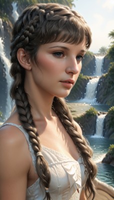 1girl,solo,long hair,breasts,looking at viewer,bangs,blue eyes,brown hair,black hair,dress,cleavage,bare shoulders,jewelry,collarbone,upper body,braid,earrings,small breasts,outdoors,parted lips,teeth,sleeveless,day,artist name,water,white dress,blurry,twin braids,tree,lips,wet,eyelashes,watermark,sunlight,wet clothes,hair over shoulder,freckles,rock,realistic,nose,stud earrings,waterfall,medium breasts,flower,sleeveless dress,nature,river