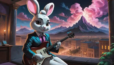 1girl,solo,looking at viewer,smile,open mouth,skirt,shirt,long sleeves,holding,animal ears,brown eyes,sitting,jacket,tail,white shirt,outdoors,necktie,sky,collared shirt,artist name,cloud,rabbit ears,tree,black jacket,window,:3,night,formal,happy,blazer,cloudy sky,suit,plant,building,instrument,scenery,furry,sunset,rabbit,mountain,city,rabbit girl,furry female,music,guitar,lamp,body fur,house,white fur,playing instrument,holding instrument,animal nose,pink necktie,mountainous horizon,two-tone fur,suit jacket,gradient sky,sunrise,town,buck teeth,pine tree,pleated skirt,teeth,miniskirt,eyelashes,grey skirt,pink shirt,cityscape,skyscraper,black suit,skirt suit