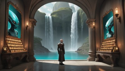 solo,brown hair,red eyes,gloves,1boy,standing,male focus,sky,day,cloud,indoors,water,from behind,coat,pokemon (creature),colored skin,scenery,reflection,black coat,mirror,stairs,fantasy,pillar,waterfall,short hair,white hair,robe,blue skin,candle,statue,alien