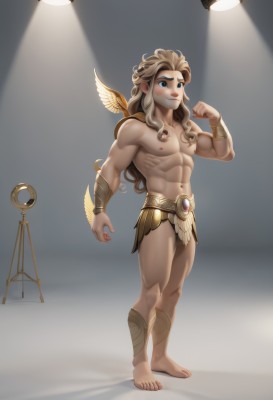 solo,long hair,blush,smile,blue eyes,blonde hair,1boy,navel,jewelry,closed mouth,nipples,standing,full body,male focus,wings,barefoot,artist name,muscular,wavy hair,abs,thick eyebrows,feathers,pectorals,muscular male,bara,pelvic curtain,topless male,bracer,loincloth,biceps,underwear,thighs,thick thighs,light brown hair,large pectorals,bulge,mature male,light,male underwear,spotlight,flexing