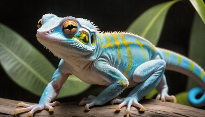 HQ,solo,closed mouth,standing,tail,full body,yellow eyes,teeth,blurry,pokemon (creature),no humans,depth of field,animal,sharp teeth,black background,claws,monster,realistic,scales,animal focus,dinosaur,lizard,simple background,signature,blurry background,watermark,colored sclera,frog