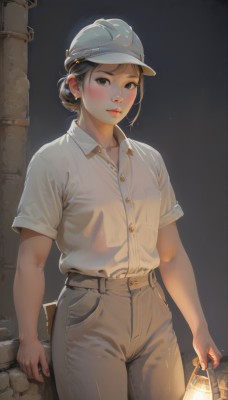 1girl,solo,breasts,looking at viewer,blush,short hair,brown hair,shirt,black hair,hat,holding,brown eyes,jewelry,closed mouth,standing,white shirt,short sleeves,cowboy shot,earrings,collared shirt,belt,pants,hair bun,bra,lips,see-through,buttons,white headwear,single hair bun,wet clothes,baseball cap,pocket,lantern,realistic,white pants,shirt tucked in,bra visible through clothes,high-waist pants,holding lantern,underwear,collarbone,outdoors,night,denim,jeans,nose