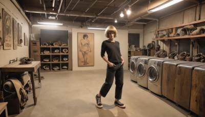 1girl,solo,looking at viewer,short hair,bangs,blonde hair,brown hair,shirt,brown eyes,closed mouth,standing,full body,shoes,pants,indoors,black shirt,shadow,black pants,bob cut,bottle,sneakers,hands in pockets,wide shot,shelf,speaker,ceiling,ceiling light,washing machine,1boy,collarbone,short sleeves,male focus,black footwear,table,t-shirt,scenery,hand in pocket