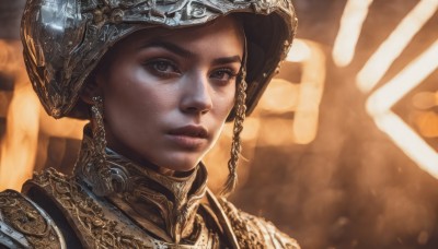 1girl,solo,looking at viewer,short hair,brown hair,black hair,brown eyes,jewelry,closed mouth,braid,earrings,artist name,armor,blurry,lips,blurry background,helmet,shoulder armor,portrait,pauldrons,realistic,nose,chainmail,close-up,freckles