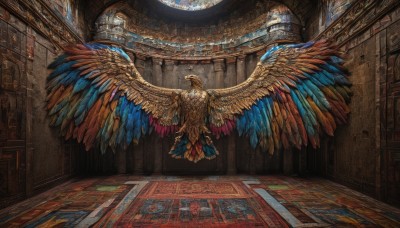 wings,indoors,no humans,window,from below,sunlight,scenery,feathered wings,stairs,fantasy,bookshelf,architecture,pillar,statue,library,ceiling,stained glass,carpet,spread wings,solo,brown hair,from behind,feathers,gem,wooden floor,facing away,colorful,ambiguous gender,multiple wings,hallway,multicolored wings,rug