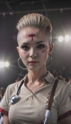 1girl,solo,breasts,looking at viewer,short hair,blonde hair,shirt,brown eyes,jewelry,medium breasts,closed mouth,white shirt,upper body,short sleeves,earrings,solo focus,collared shirt,necklace,blurry,black eyes,lips,makeup,blurry background,facial mark,suspenders,lipstick,hoop earrings,realistic,nose,red lips,nurse,facepaint,facial tattoo,stethoscope,cross,eyeshadow,backlighting