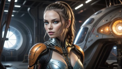 HQ,1girl,solo,long hair,breasts,looking at viewer,blue eyes,brown hair,cleavage,medium breasts,upper body,ponytail,braid,armor,blurry,lips,bodysuit,makeup,robot,lipstick,forehead,science fiction,realistic,nose,hair pulled back,blonde hair,large breasts,indoors,cable,spacecraft