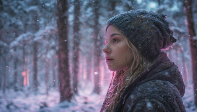 1girl, solo, long hair, blue eyes, blonde hair, hat, upper body, outdoors, hood, blurry, from side, tree, lips, nature, snow, forest, freckles, snowing, realistic, nose, beanie, winter