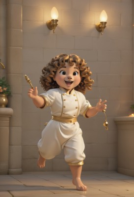 1girl,solo,looking at viewer,smile,open mouth,brown hair,holding,brown eyes,standing,full body,:d,food,barefoot,teeth,pants,indoors,dark skin,medium hair,black eyes,dark-skinned female,standing on one leg,plant,child,curly hair,white pants,female child,baggy pants,long hair,blush,1boy,short sleeves,male focus,artist name,shadow,watermark,web address,candle,male child,candlestand