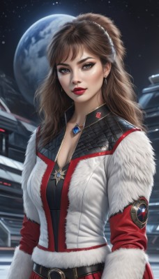 1girl,solo,long hair,breasts,looking at viewer,smile,brown hair,long sleeves,cleavage,brown eyes,jewelry,medium breasts,upper body,ponytail,earrings,sky,belt,necklace,lips,coat,fur trim,makeup,moon,lipstick,star (sky),eyeshadow,starry sky,black belt,realistic,red lips,space,planet,earth (planet),bangs,large breasts,jacket,night,white jacket,gem,science fiction