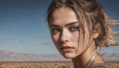 1girl,solo,looking at viewer,short hair,blonde hair,brown hair,closed mouth,outdoors,sky,choker,day,blurry,blue sky,lips,grey eyes,blurry background,scar,portrait,freckles,realistic,nose,brown eyes,jewelry,cloud,eyelashes,depth of field,wind,close-up