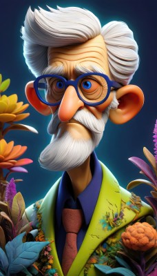 solo,looking at viewer,blue eyes,shirt,1boy,jacket,upper body,flower,white hair,grey hair,male focus,necktie,glasses,collared shirt,facial hair,leaf,blue background,formal,suit,red necktie,beard,mustache,old,old man,artist name,blue shirt,portrait,yellow flower,round eyewear,blue-framed eyewear