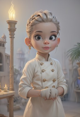 1girl,solo,looking at viewer,smile,short hair,blonde hair,gloves,dress,jewelry,earrings,outdoors,parted lips,white gloves,fingerless gloves,white dress,blurry,black eyes,lips,grey eyes,buttons,blurry background,own hands together,building,child,forehead,freckles,female child,candle,lamppost,brown eyes,braid,artist name,indoors,eyelashes,makeup,table,lipstick,web address,nose,red lips,double-breasted,castle,chef