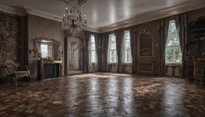 day,indoors,water,no humans,window,chair,table,sunlight,scenery,reflection,light rays,wooden floor,stairs,door,tiles,candle,pillar,painting (object),candlestand,reflective floor,chandelier,wooden chair,plant,fantasy,tile floor,vase,floor,carpet,fireplace