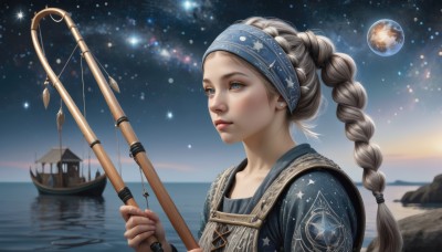 1girl,solo,long hair,blue eyes,blonde hair,holding,jewelry,upper body,braid,hairband,earrings,outdoors,sky,water,star (symbol),lips,single braid,night,headband,ocean,moon,staff,star (sky),night sky,starry sky,braided ponytail,realistic,nose,fantasy,space,watercraft,blue hairband,planet,ship,boat,constellation,parted lips,scenery,reflection,bandana