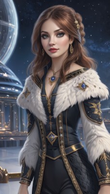 1girl,solo,long hair,breasts,looking at viewer,blue eyes,brown hair,hair ornament,long sleeves,cleavage,jewelry,medium breasts,closed mouth,standing,weapon,braid,cowboy shot,earrings,sky,pants,necklace,lips,coat,grey eyes,fur trim,makeup,night,wavy hair,black pants,lipstick,staff,gem,star (sky),night sky,pendant,starry sky,gold trim,realistic,nose,red lips,collarbone,outdoors,artist name,parted hair