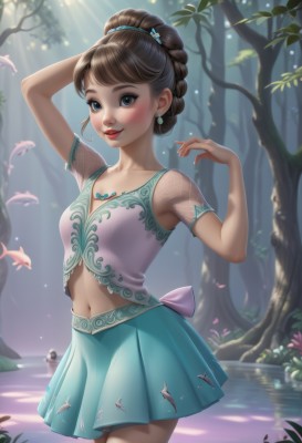 1girl,solo,breasts,looking at viewer,blush,smile,short hair,bangs,blue eyes,skirt,brown hair,shirt,hair ornament,navel,cleavage,jewelry,standing,collarbone,braid,short sleeves,cowboy shot,pleated skirt,earrings,small breasts,outdoors,parted lips,teeth,day,midriff,artist name,water,necklace,hair bun,nail polish,arm up,tree,lips,blue skirt,see-through,makeup,sunlight,single hair bun,lipstick,green skirt,nature,forest,fish,arm behind head,pink shirt,light rays,red lips,sunbeam,dappled sunlight,see-through sleeves,aqua skirt,pond,solo focus,watermark,web address,freckles