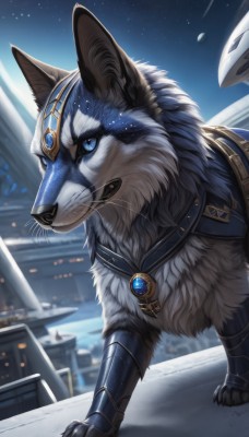 solo,blue eyes,jewelry,outdoors,sky,artist name,signature,armor,blurry,no humans,night,blurry background,animal,scar,brooch,gem,star (sky),night sky,scar on face,snow,starry sky,animal focus,wolf,blue gemstone,necklace,building,furry,pendant