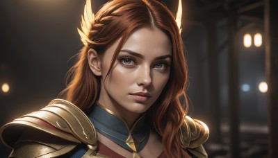 1girl,solo,long hair,looking at viewer,brown hair,hair ornament,brown eyes,closed mouth,braid,artist name,armor,blurry,lips,grey eyes,blurry background,shoulder armor,portrait,freckles,pauldrons,realistic,nose,close-up,backlighting,light